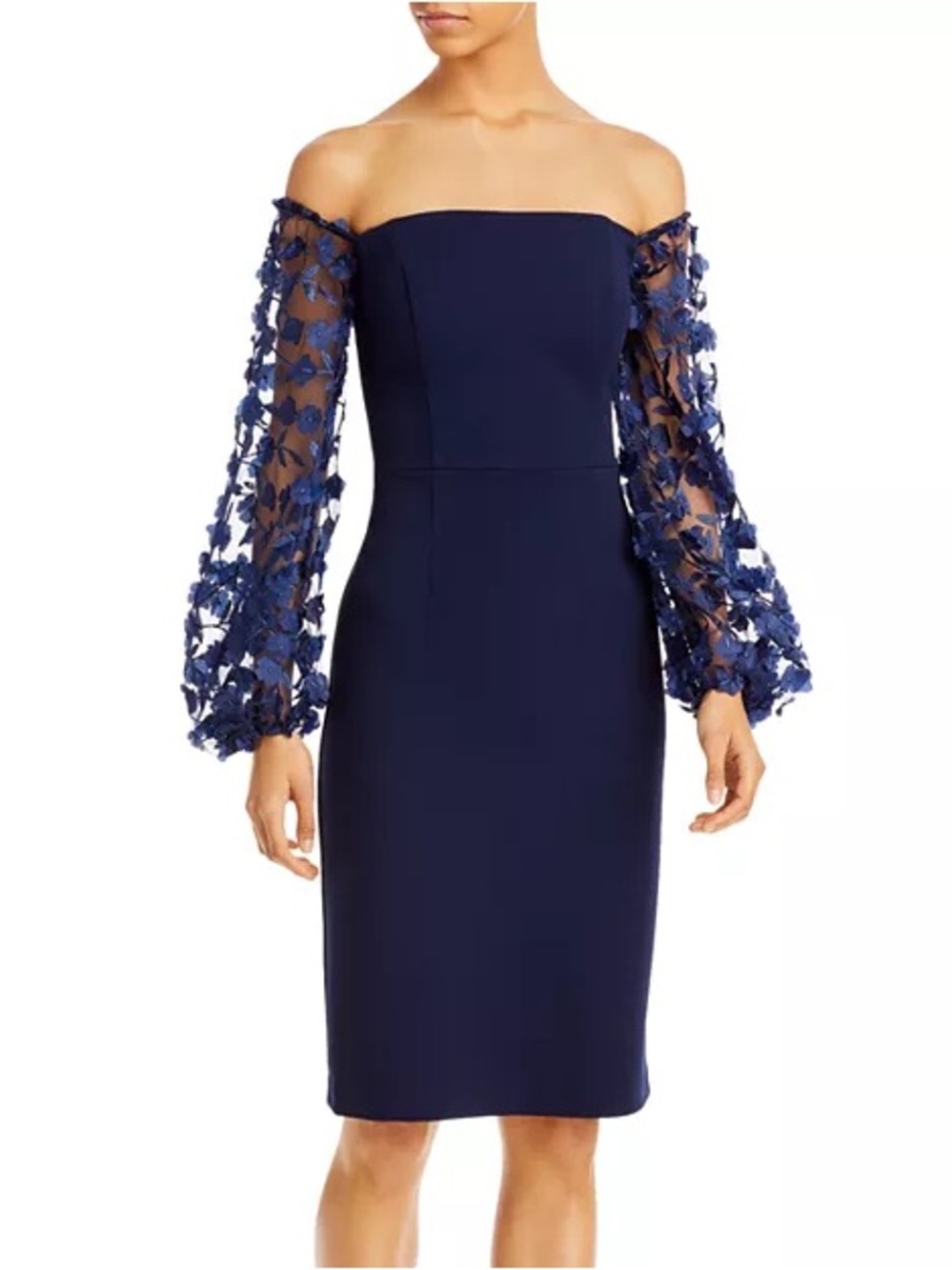 Eliza J Navy Off-the-Shoulder Balloon Sleeve Dress with 3D Floral Sleeves